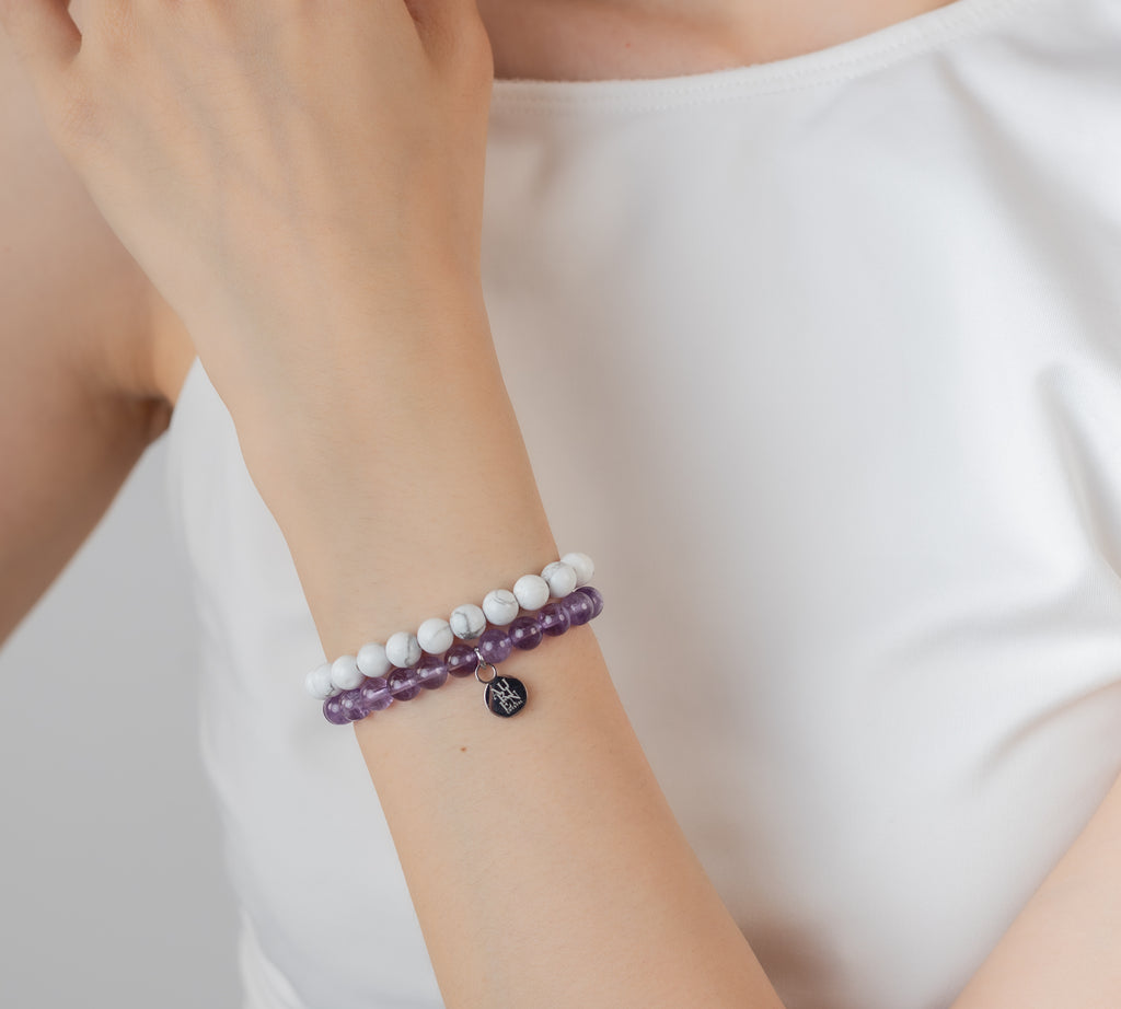 Uruguayan Amethyst & Canadian Howlite 6mm stacking duo crystal bead bracelets, calm focus, elastic stretch, Himalayan series.