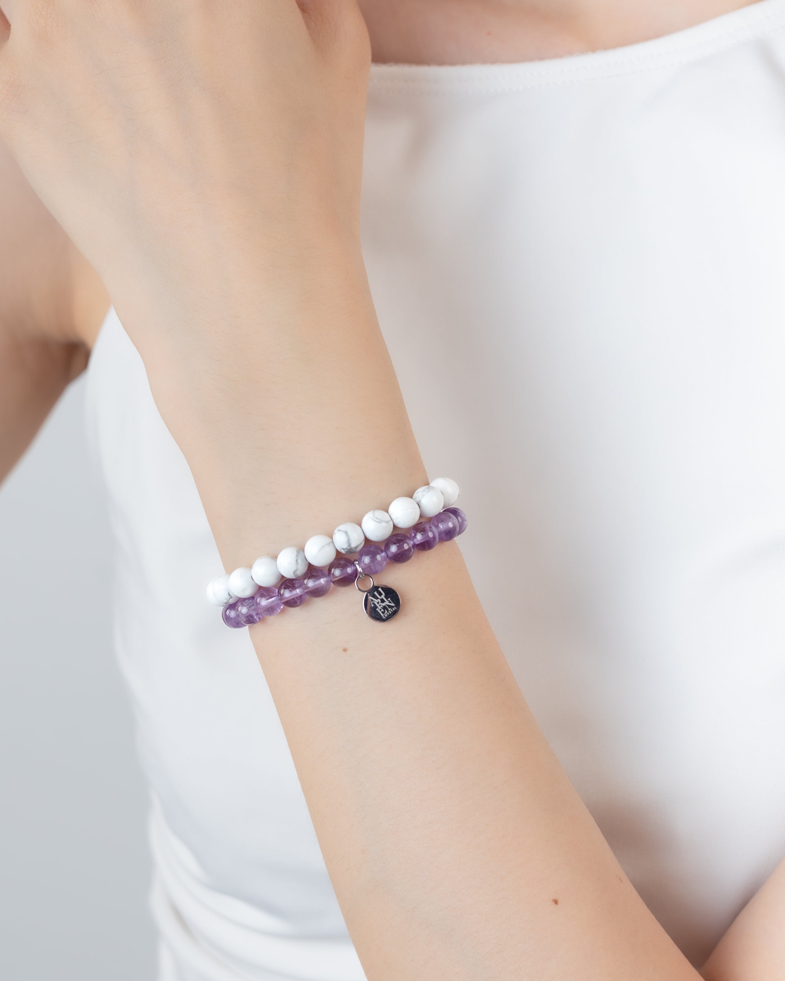 Uruguayan Amethyst & Canadian Howlite 6mm stacking duo crystal bead bracelets, calm focus, elastic stretch, Himalayan series.