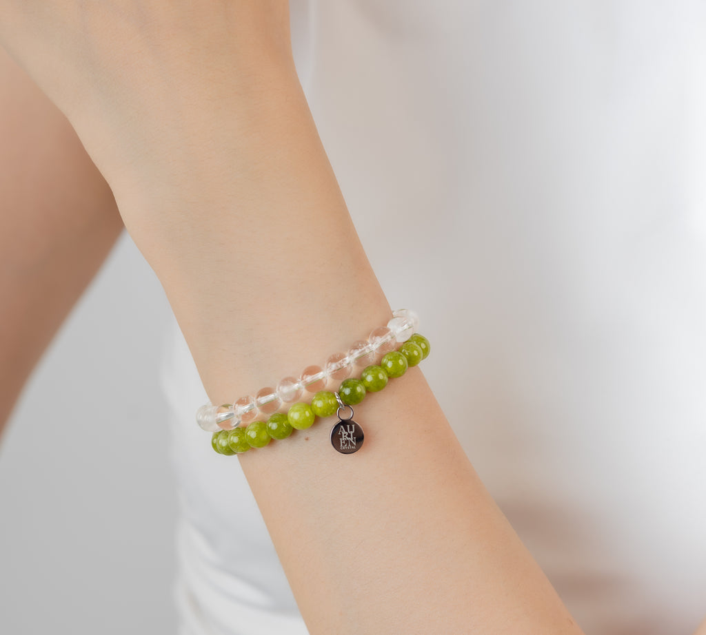 Pakistan Peridot & Himalayan Clear Quartz 6mm stacking duo stretch bracelets, fresh start clarity, minimalist unisex style, Himalayan series.