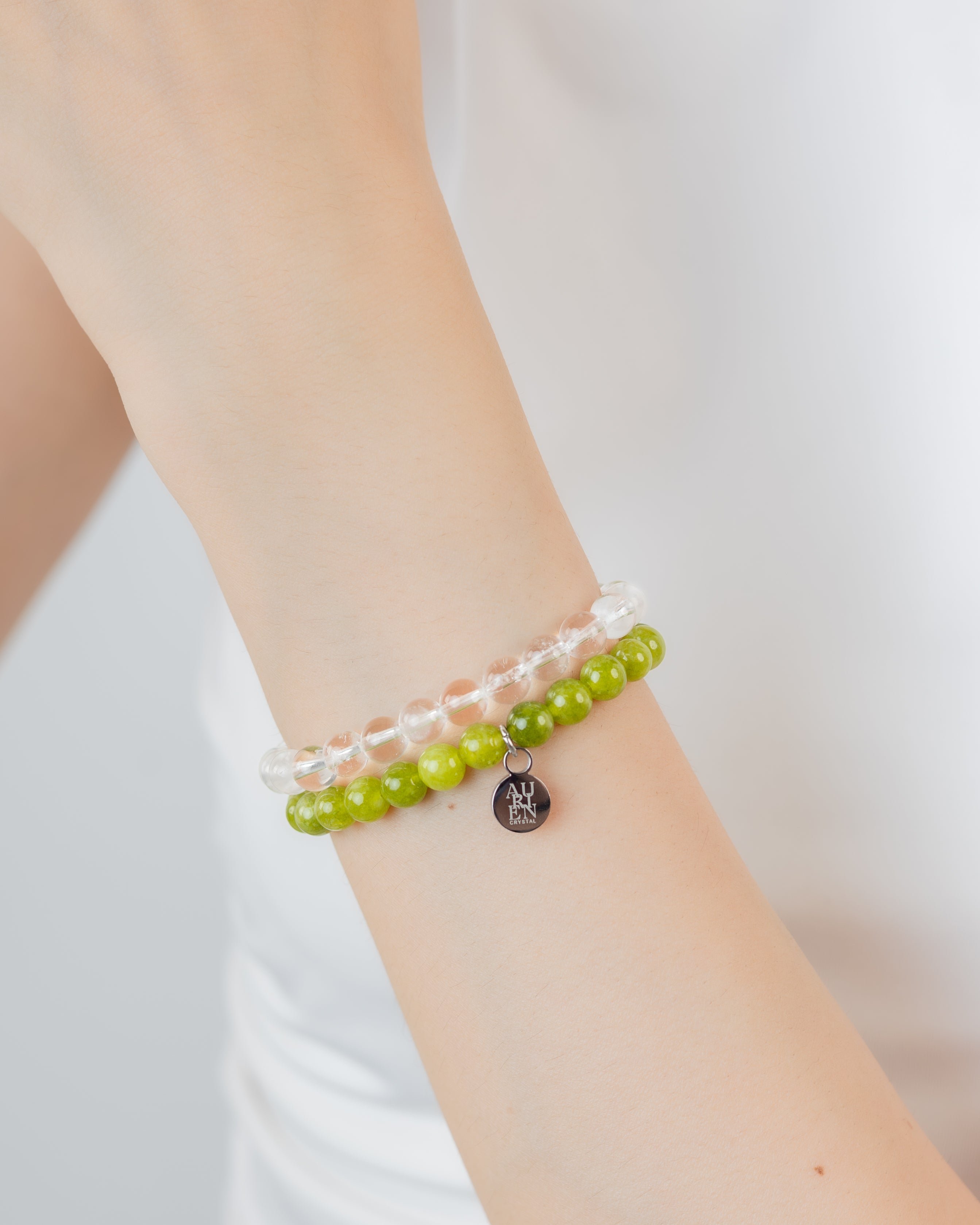 Pakistan Peridot & Himalayan Clear Quartz 6mm stacking duo stretch bracelets, fresh start clarity, minimalist unisex style, Himalayan series.