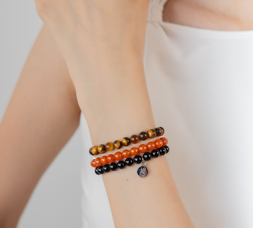 Brazilian Black Tourmaline, Yunnan South Red Agate & South African Yellow Tiger’s Eye 6mm stacking trio stretch bracelets, grounding protection, Himalayan series.