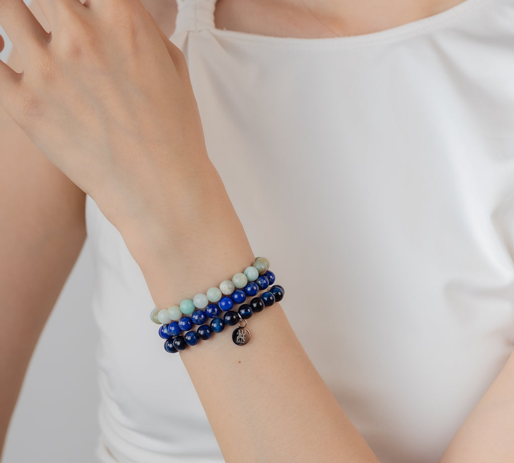 Afghan Lapis, Brazilian Amazonite & Namibian Blue Tiger’s Eye 6mm stackable trio bead set, communication & creativity, elastic fit, Himalayan series.